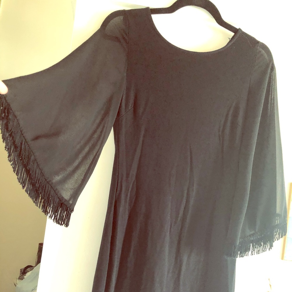 LBD fringe sleeve mini dress, with sexy open back!